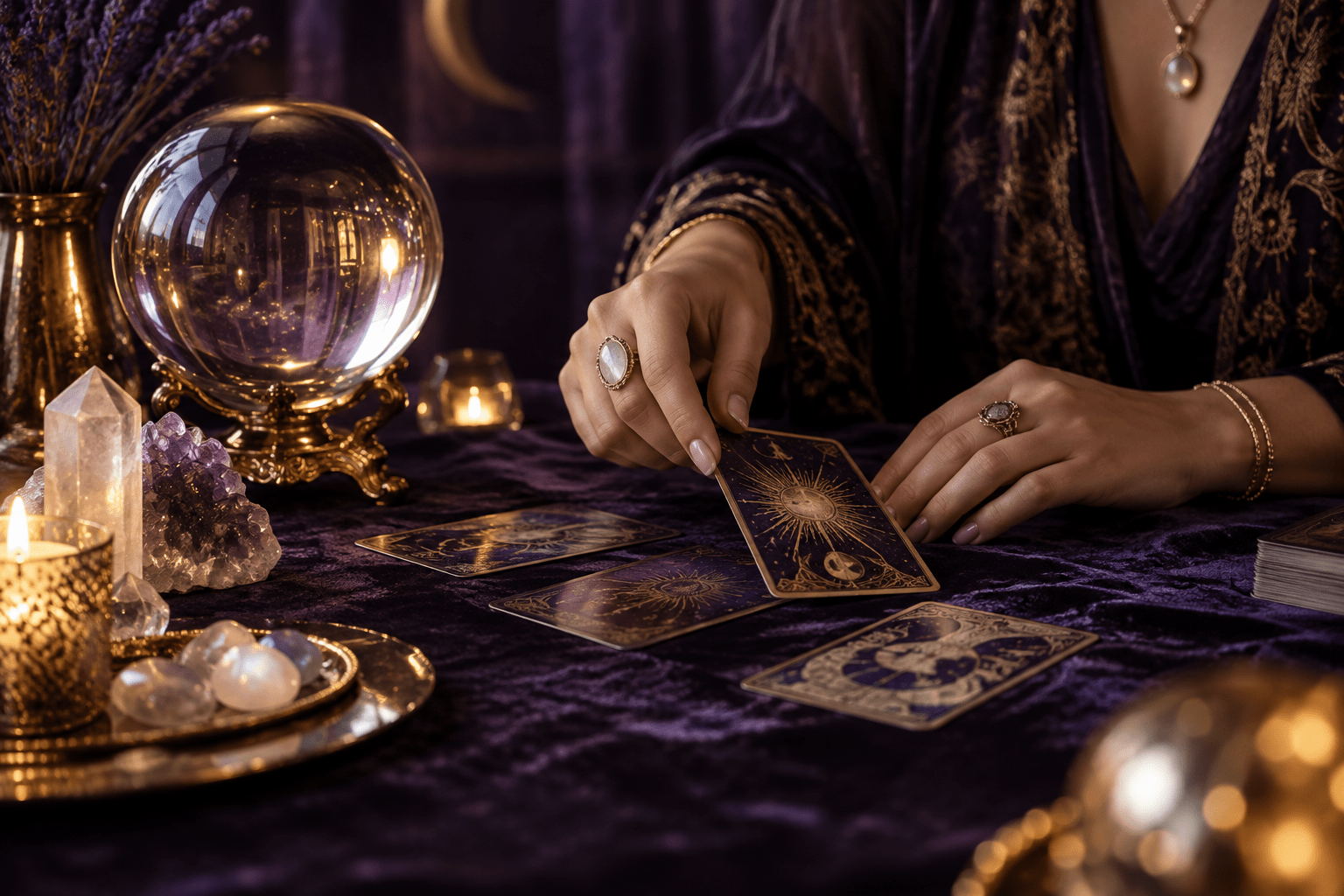 Voyante dans un intérieur raffiné, réalisant un tirage de tarot sur une table violette entourée de bougies et de cristaux
