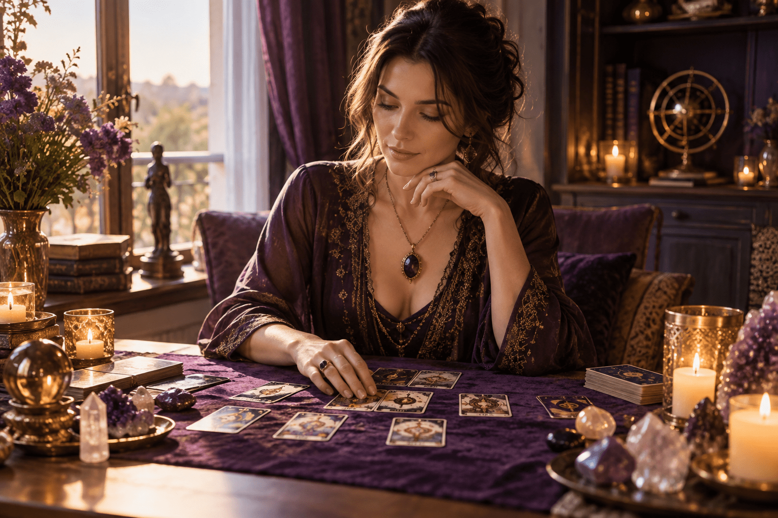 Gros plan ultra réaliste sur des mains effectuant un tirage de tarot près d'une boule de cristal, de bougies et de cristaux
